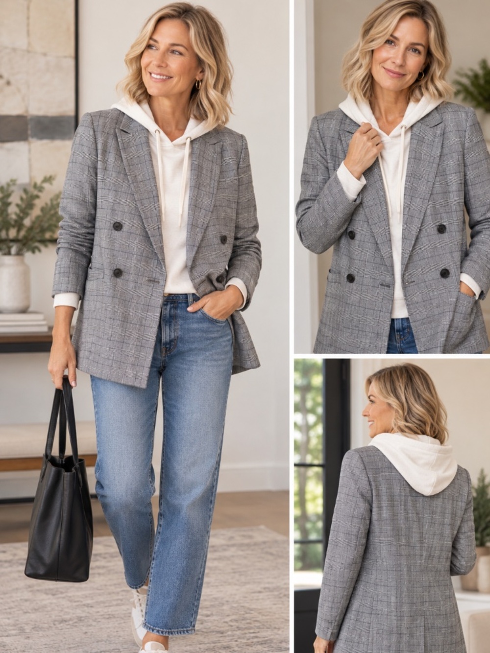 Madewell Caldwell Glen Plaid Double Breasted Wool Blazer Gray M